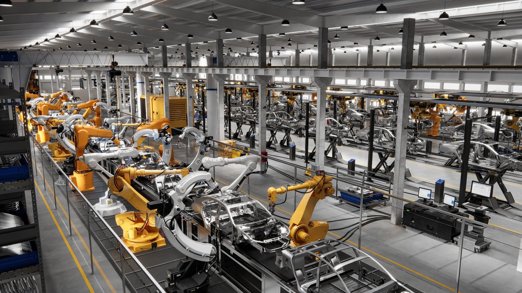  A factory scene with robotic arms working on a car assembly line with a motivated workforce operating the machinery.