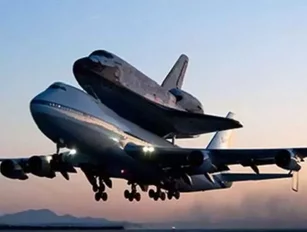 Space Shuttle Rides a Jet Into the Sunset