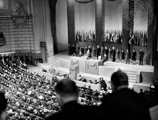 Founding of the UN: Sir A Ramaswami Mudaliar, Supply Member of the Governor General's Executive Council, Leader of the Delegation from India, addresses the Third Plenary Session TV Soong, on stage, Minister for Foreign Affairs and Chairman of the Delegation of China presiding the Third Plenary Session. Credit: UN Photo