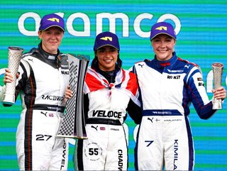 Race winner Jamie Chadwick with second placed Abbi Pulling and third placed Emma Kimilainen during W Series 2021        Credit: Getty Images/Jared C. Tilton