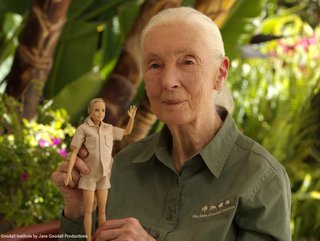 Jane Goodall with news Barbie doll     Credit: Jane Goodall Institute by Jane Goodall Production