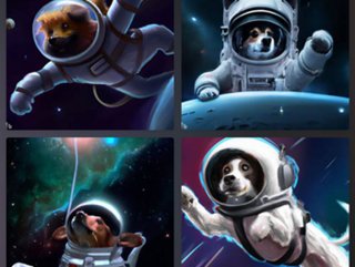 “Dog astronaut launching into space, digital art," powered by Image Creator